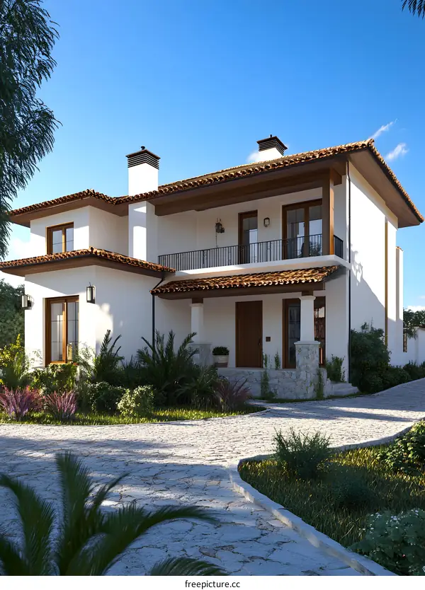 Mediterranean Style Home with Stone Driveway and Palm Trees