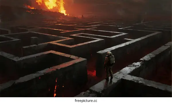 A Person Standing in a Fiery Maze with Lava Flowing Through