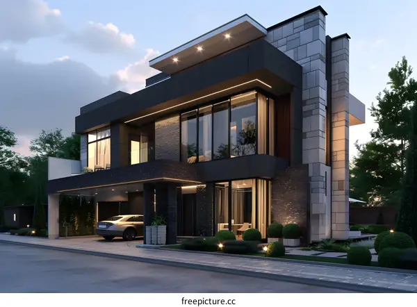 Modern House Exterior Design with Stone and Glass