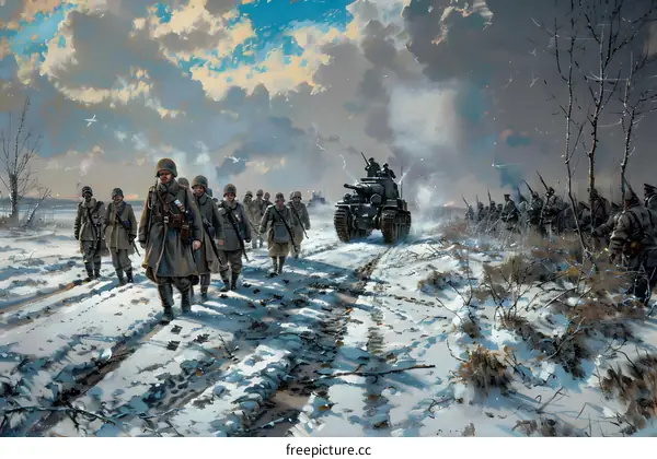 Soviet infantry and tanks advance in the snow during the Winter War