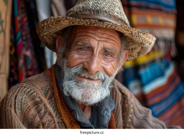 Smiling Elderly Man Wearing a Straw Hat in a Colorful Market