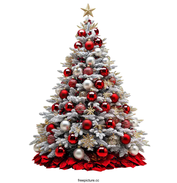 [Transparent Background PNG]Festive Christmas Tree Decorated with Red and Silver Ornaments