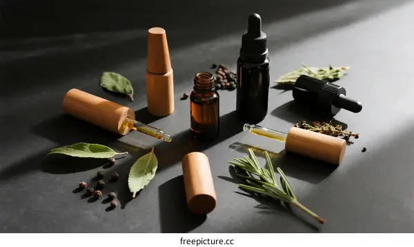 Aromatherapy Essential Oils with Natural Herbs and Droppers on Black Background