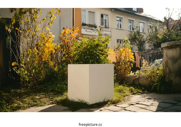 White Square Planter Box in Front of a Building