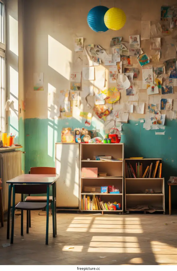 Classroom with colorful student artwork and toys