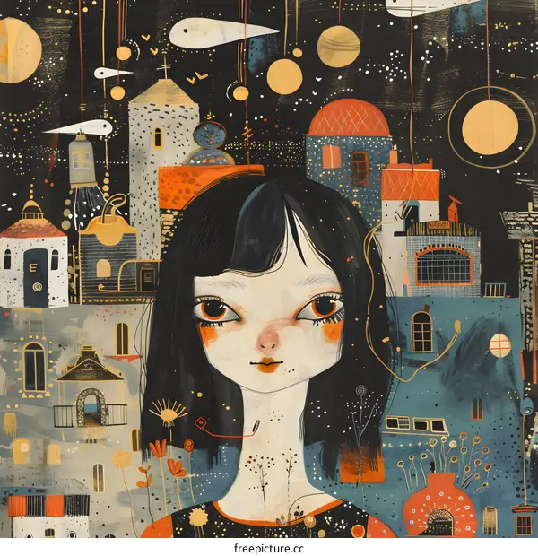 Girl with Big Eyes Stands in Front of Imaginary City