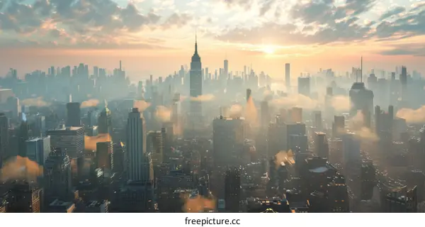 New York City Skyline at Sunrise Through Hazy Atmosphere