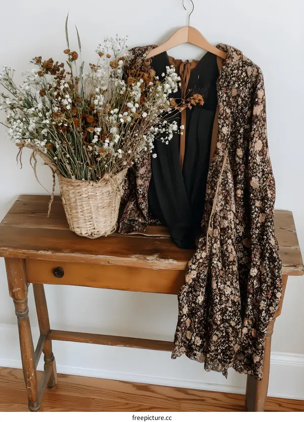 Floral Patterned Dress on a Wooden Table with Dried Flowers