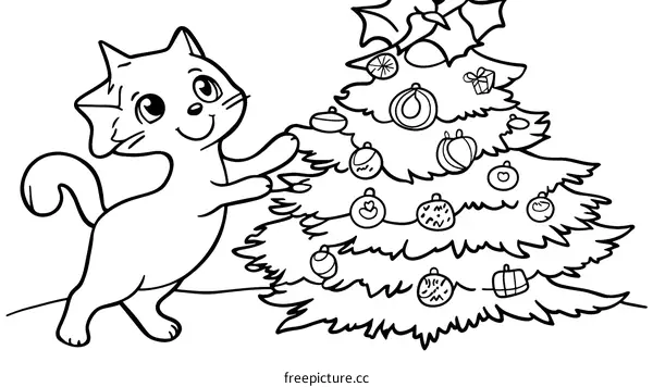 Cute Cat Decorating Christmas Tree Coloring Page