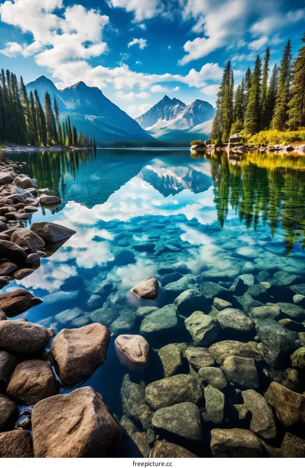 The crystal clear water of a mountain lake reflects the sky above
