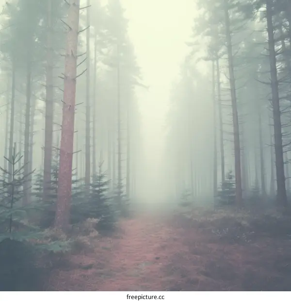 Foggy pine forest with a path leading into the distance