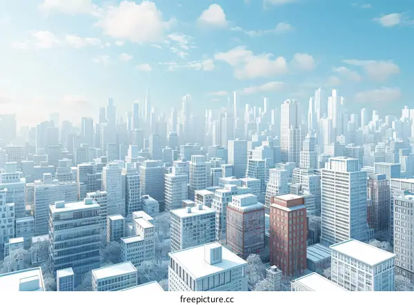 Snowy city with buildings and streets covered in snow