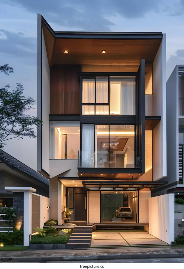 Modern Minimalist Home Exterior With Large Windows and Wooden Accents