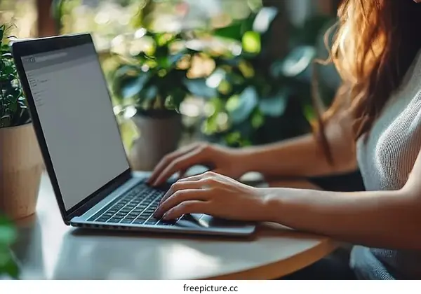 Woman Working on Laptop in Cafe