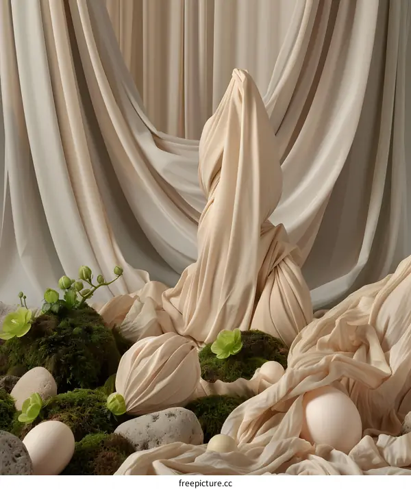 Abstract Still Life with Fabric, Moss, and Eggs