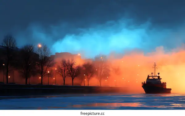 Winter Cityscape with a Boat on Frozen River