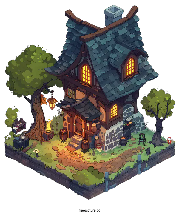 [Transparent Background PNG]Cozy Cottage With Stone Path And Trees