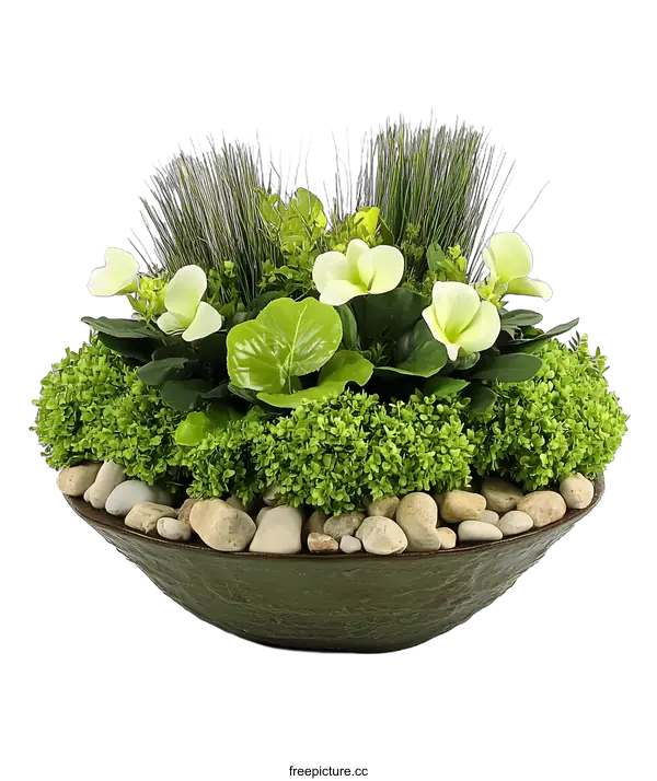 [Transparent Background PNG]Green Plant Arrangement in a Pot with White Flowers