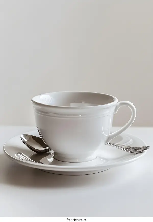 Empty white tea cup on a white saucer with a silver spoon