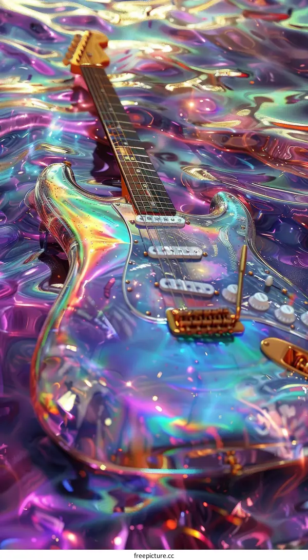 A psychedelic guitar with a clear body and gold hardware.