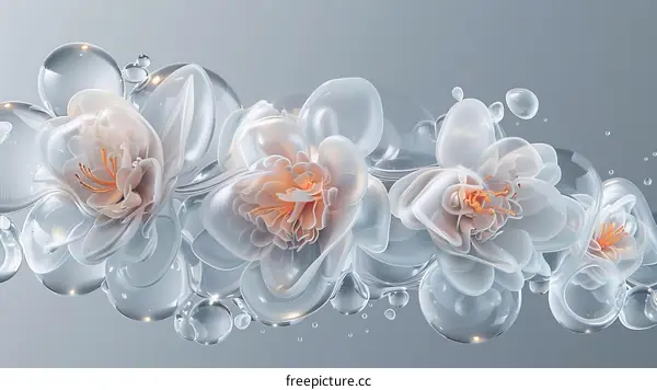 3D rendering of white and pink flowers with water droplets