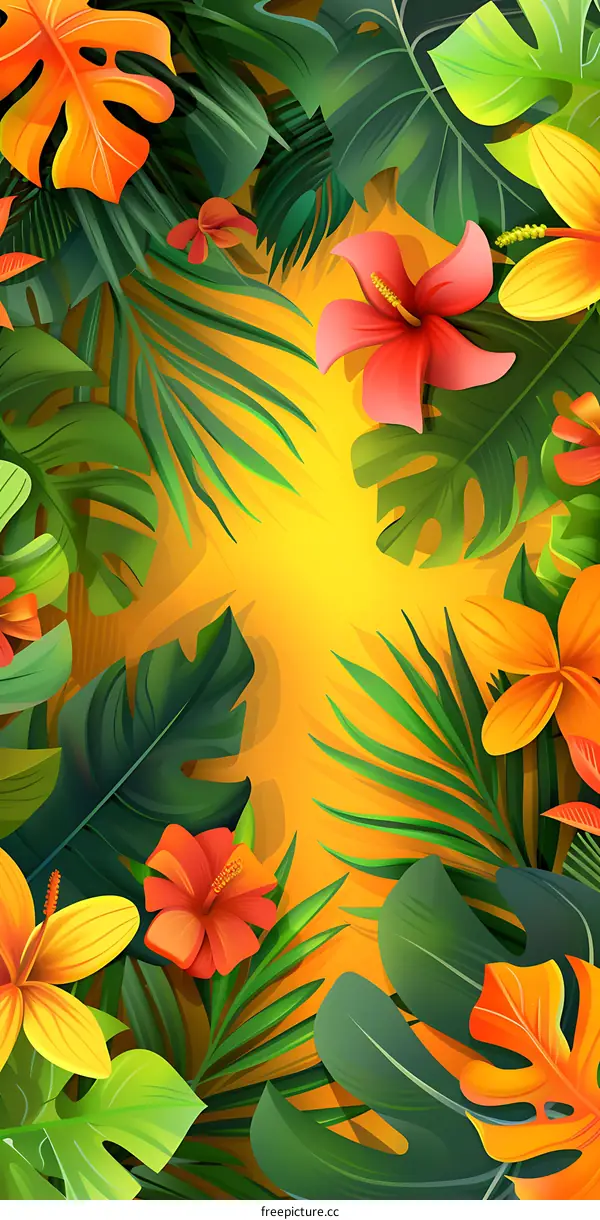 Tropical Leaves and Flowers Background