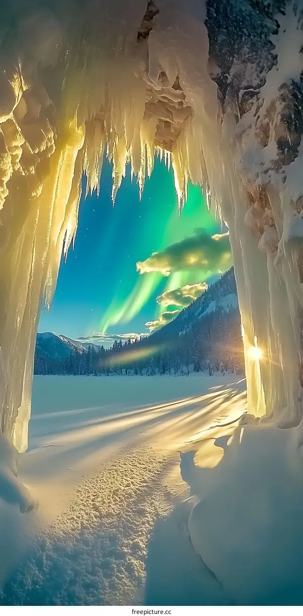 Aurora Borealis View Through Icy Cave