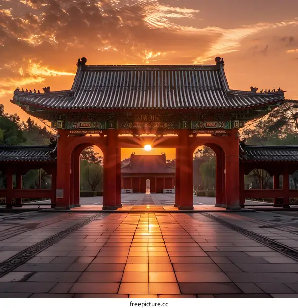Chinese Temple Gate at Sunset with Golden Rays