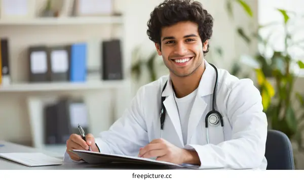 Smiling Doctor Writing Medical Notes in Office