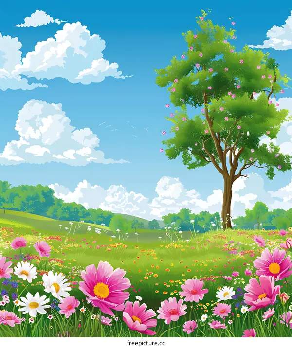 Spring Landscape With A Tree And Flowers