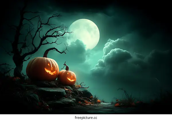 Spooky Halloween Night Landscape with Pumpkins