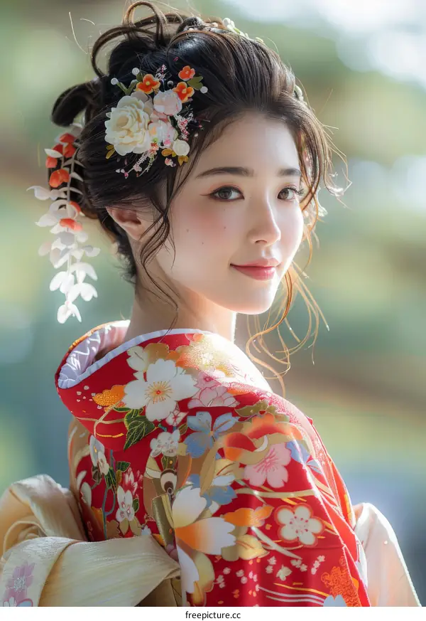 A Japanese Woman in a Red Floral Kimono