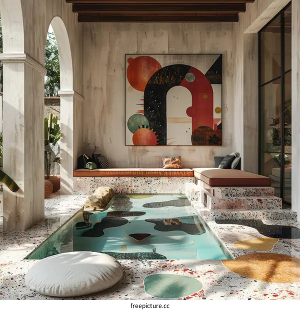 Modern and minimalist courtyard design with swimming pool and seating area