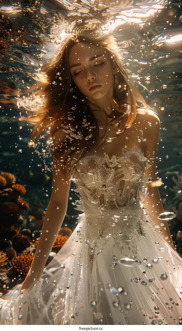 A woman in a white dress is swimming underwater with her eyes closed.