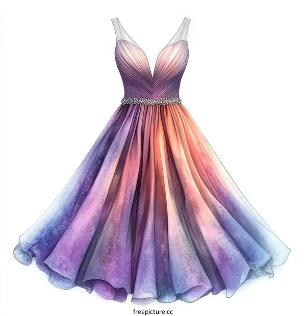 Watercolor Illustration of a Gradient-Colored Ball Gown
