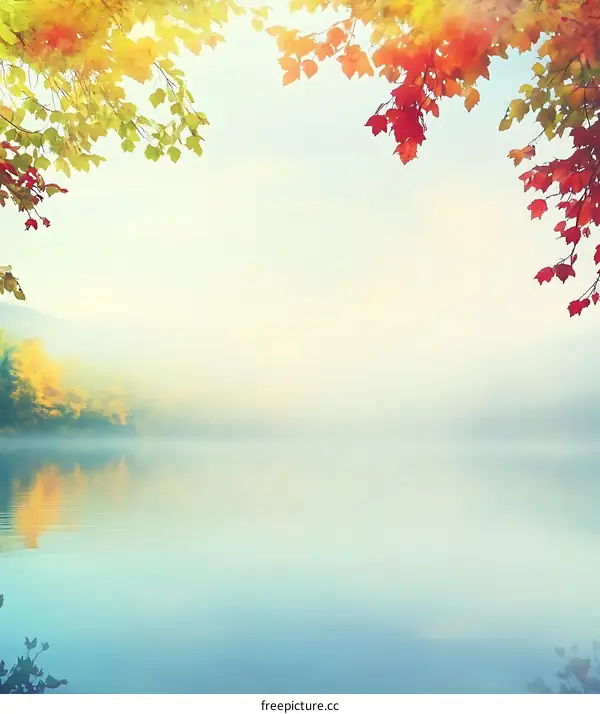 Autumn Foggy Lake With Colorful Leaves