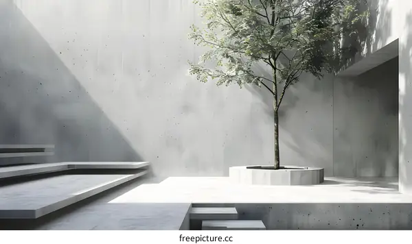 Minimalist Concrete Courtyard with Tree and Sunlight