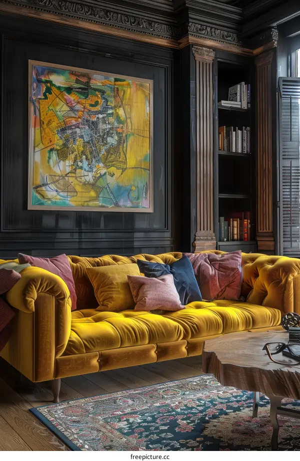 luxurious yellow sofa in a vintage living room
