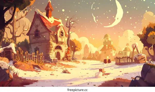 Snow Covered Cottage in a Winter Village Illustration