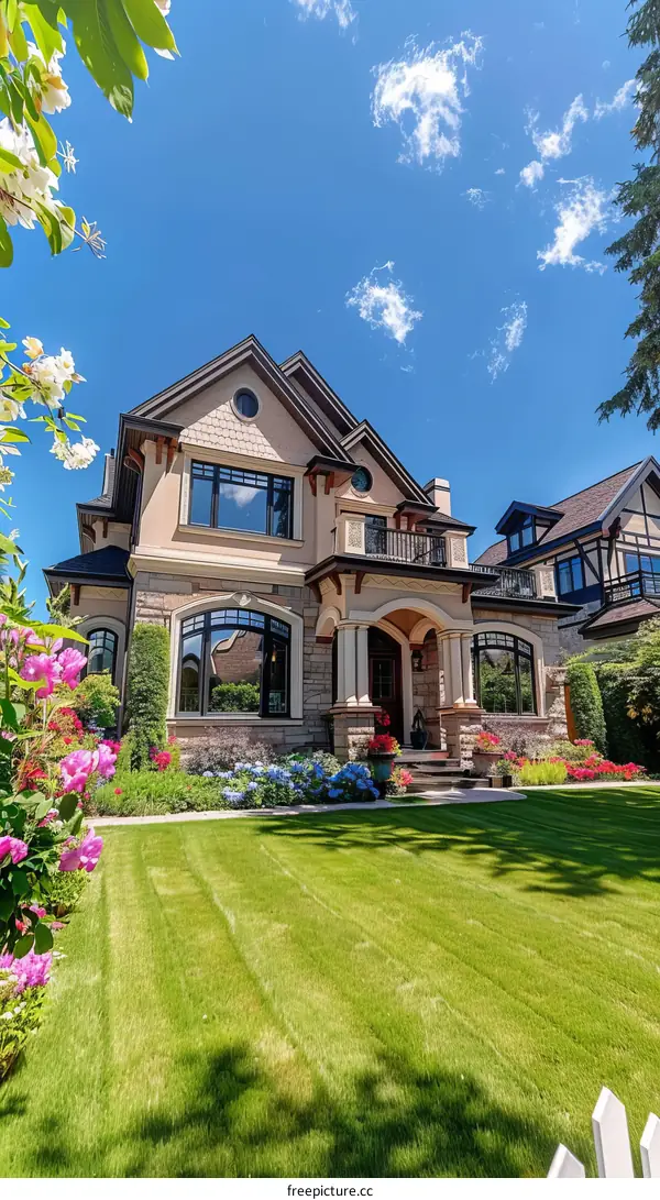 A beautiful house with a large front yard and a garden full of flowers