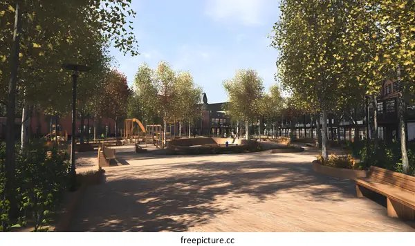 Outdoor Playground Area With Trees and Benches