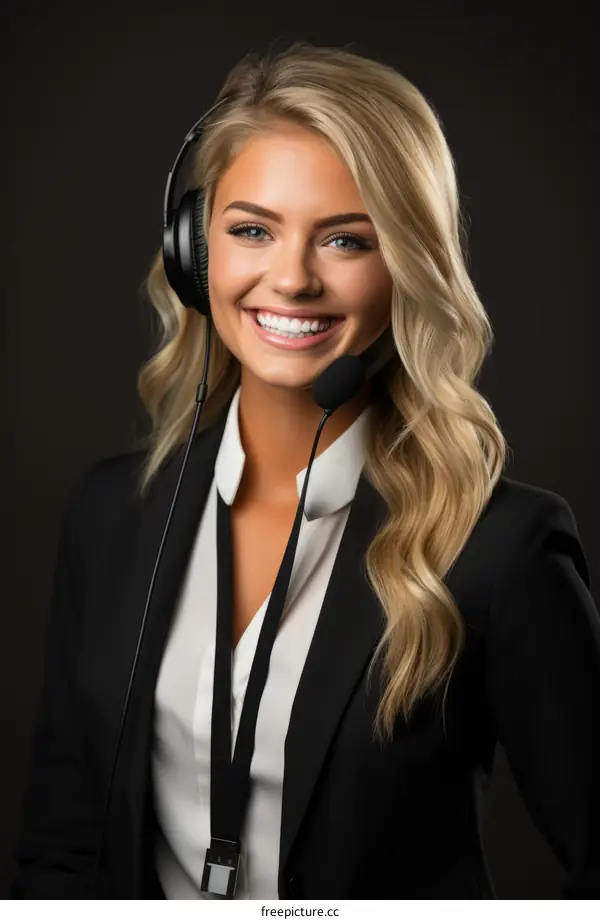 portrait of a smiling blonde woman wearing a suit and headphones