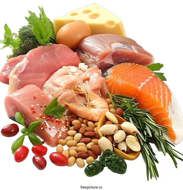 [Transparent Background PNG]Healthy Food Collection with Fish, Meat, Nuts, Vegetables and Fruits