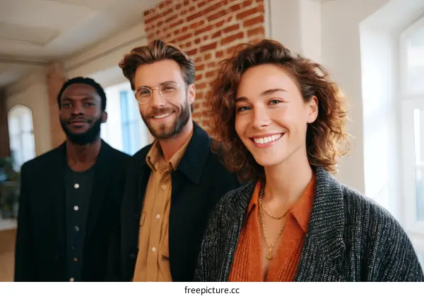 Three Diverse Colleagues Smiling Together in Modern Interior