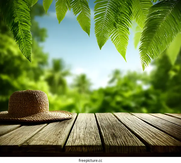 Wooden Tabletop with Straw Hat and Lush Green Background