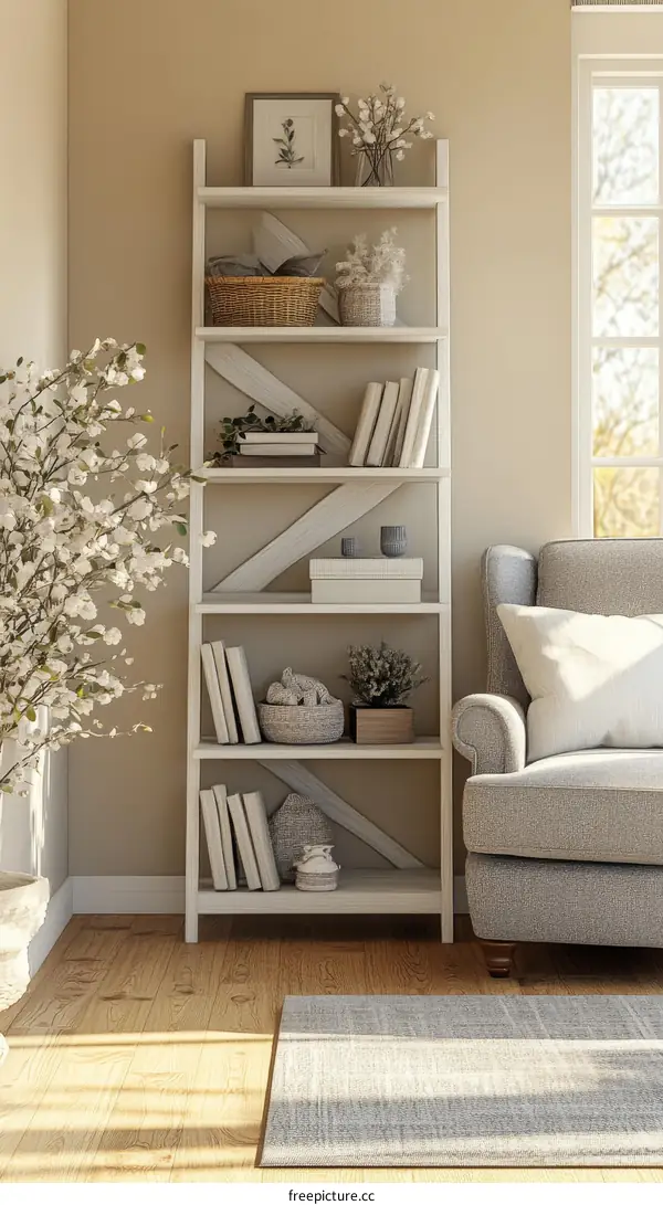 White Wooden Ladder Bookshelf with Decorative Accents