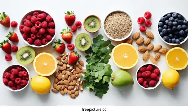 A variety of fruits and vegetables are arranged on a white background. There are two types of citrus fruits, raspberries, strawberries, blueberries, kiwi, almonds, and microgreens.