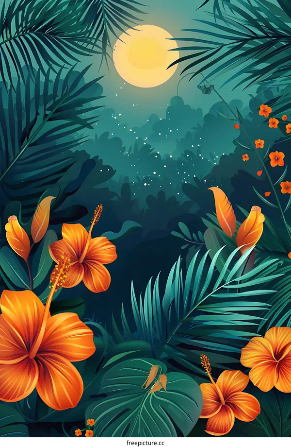 Tropical Jungle Night Moon Flowers Illustration