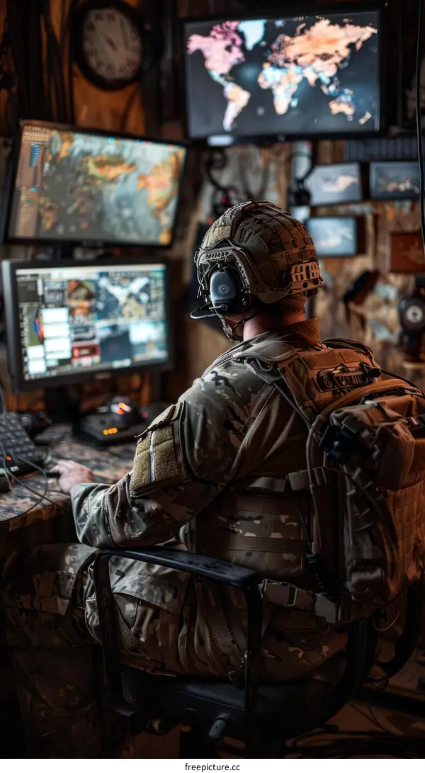 Soldier sitting in a dark room monitoring multiple computer screens