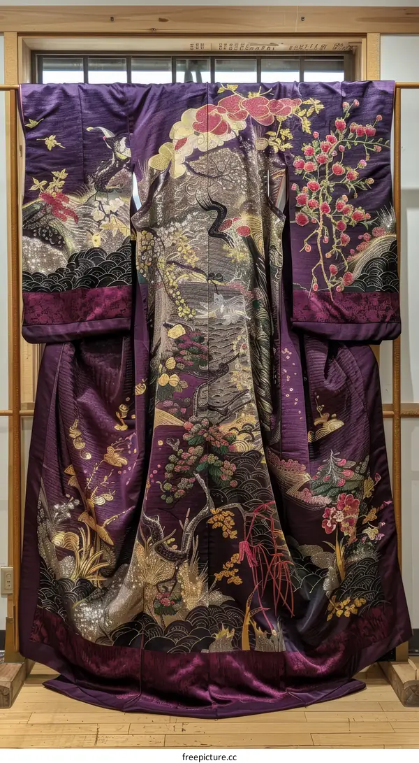 A purple and gold wedding kimono with a pattern of birds and flowers
